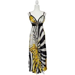 Night Moves Prom Collection Vintage Yellow Black Butterfly Striped Maxi Dress 4